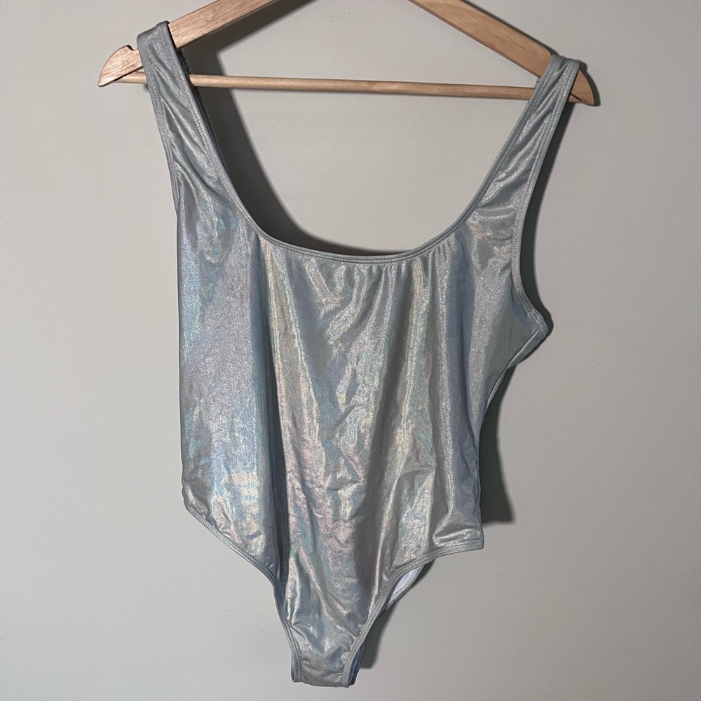 Iridescent Silver Bandeau Swimsuit Holographic Scoop Back‎ High Cut One Piece